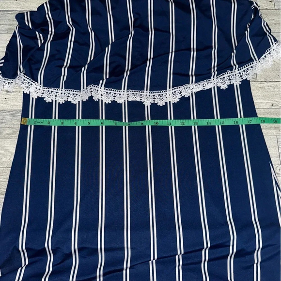 NEW Rouge Collection 1X Navy Striped Stretch Lightweight Maxi Dress Ruffle Front - Picture 11 of 13